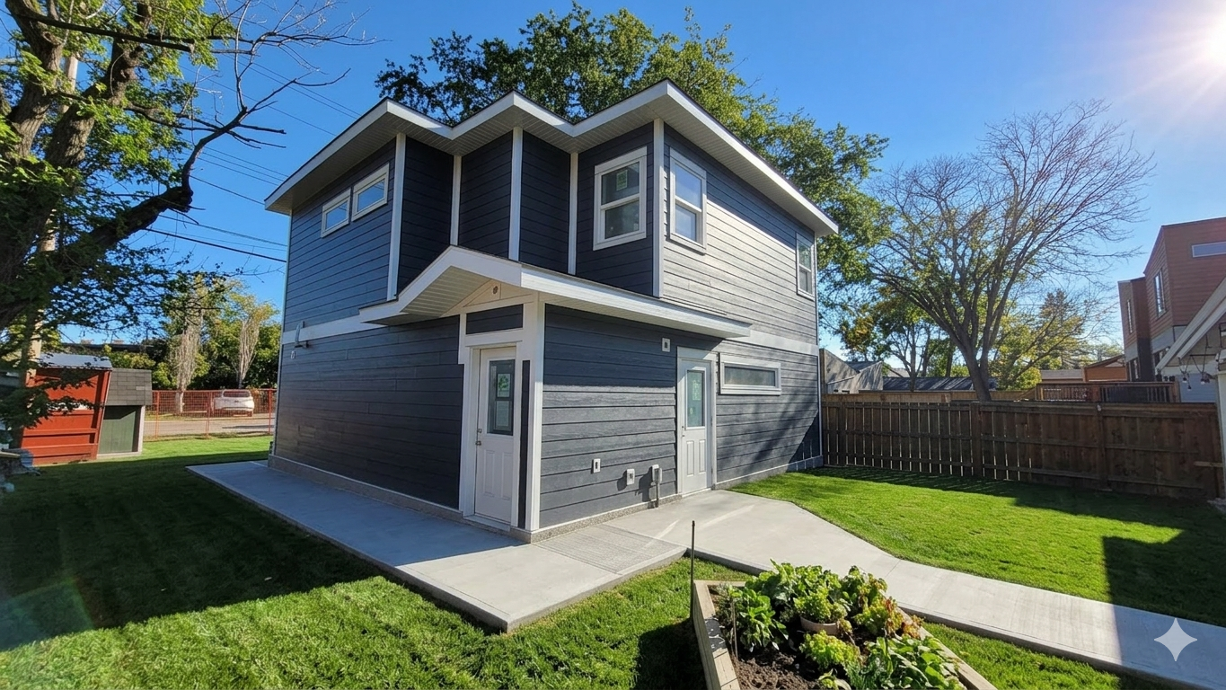 Two-storey garage suite in Edmonton with navy siding, white trim, and a private entrance off a landscaped backyard