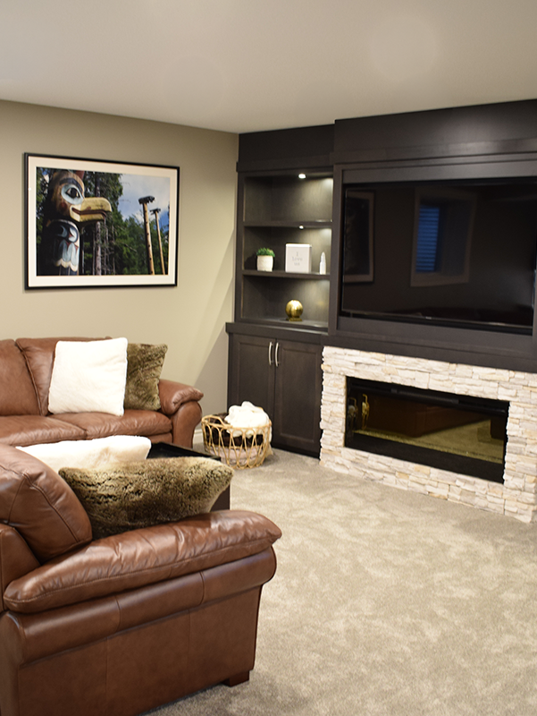 Family basement renovation with a built-in kids playhouse and living room in Windermere, Edmonton