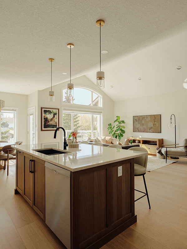 Walnut kitchen island with a quartz countertop and undermount sink, opening onto the living room with a vaulted ceiling.